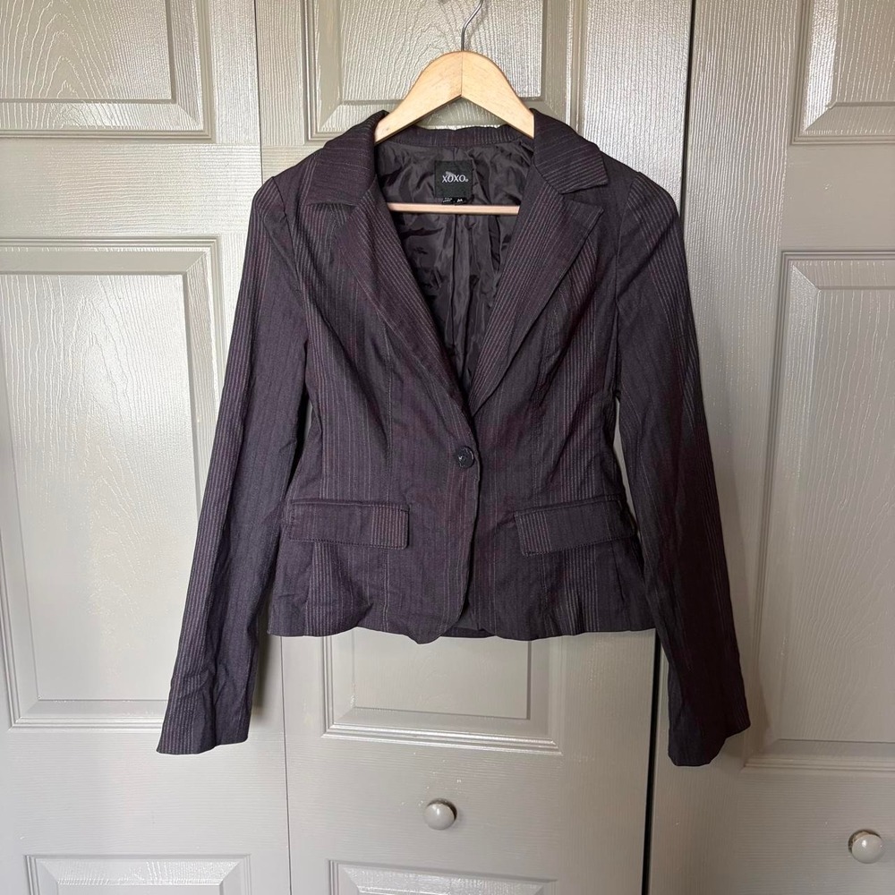 XOXO Womens Black Pinstripe Blazer Y2K Preppy Single Button Jacket Size M